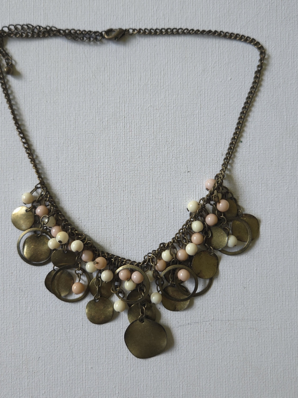 Vintage Antique Brass Coin Dangle Necklace Pink Cream Beaded Bib Statement